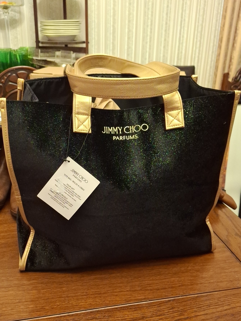 Jimmy Choo Parfums Black & Metallic Gold Shimmery Velvet Tote Bag New